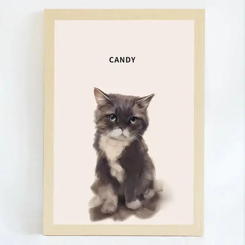 Hand-drawn pet portrait of a cat named Candy, showcasing vibrant art in a frame, perfect for pet lovers.