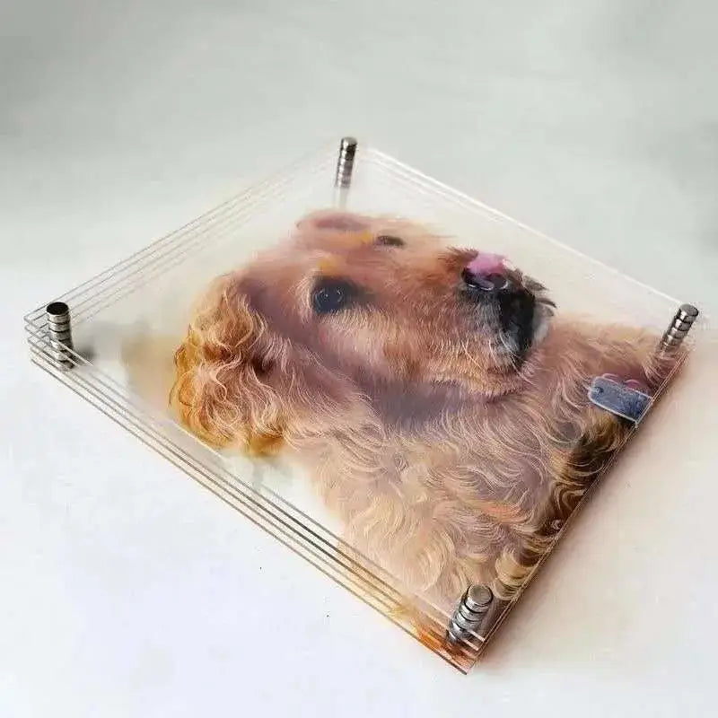 Flat view of 5-layer acrylic dog portrait creating lifelike dimensional shadows.