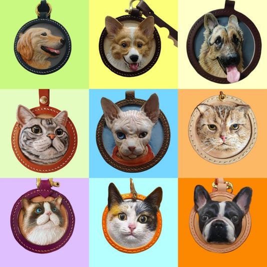 Natural aging process demonstration: New vs 6-month aged plant-tanned leather cat memorial tags